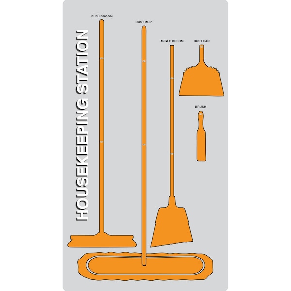 5S Housekeeping Shadow Board Broom Station Version 11 - Gray Board / Orange Shadows  With Broom